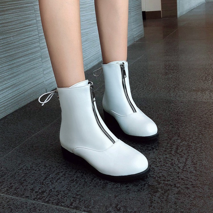 Pu Leather Back Tied Straps Zippers Block Chunky Heel Platform Ankle Boots for Women