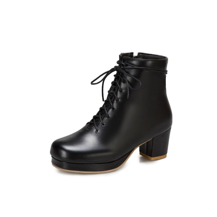 Pu Leather Round Toe Lace Up Side Zippers Block Chunky Heel Platform Ankle Boots for Women