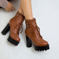 Pu Leather Almond Toe Lace Up Buckle Straps Block Chunky Heel Platform Ankle Boots for Women
