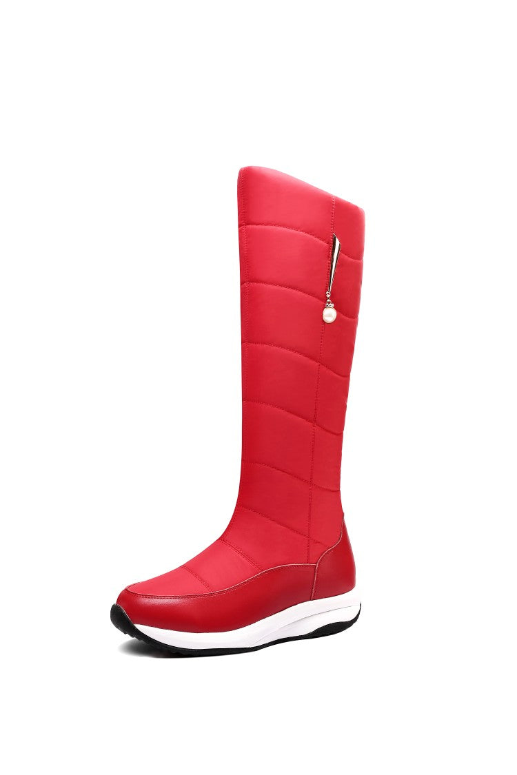 Ladies Waterproof Pearl Wedge Heels Down Tall Boots for Winter