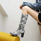 Ladies Pu Leather Pointed Toe Stitching Block Heel Knee High Boots