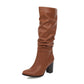 Ladies Pu Leather Pointed Toe Stitching Block Heel Knee High Boots