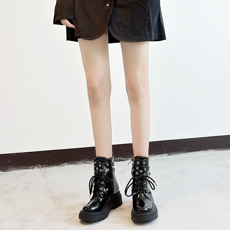 Glossy Lace Up Buckles Belts Flat Platform Short Boots for Women