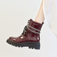 Glossy Lace Up Metal Chains Flat Platform Short Boots for Women