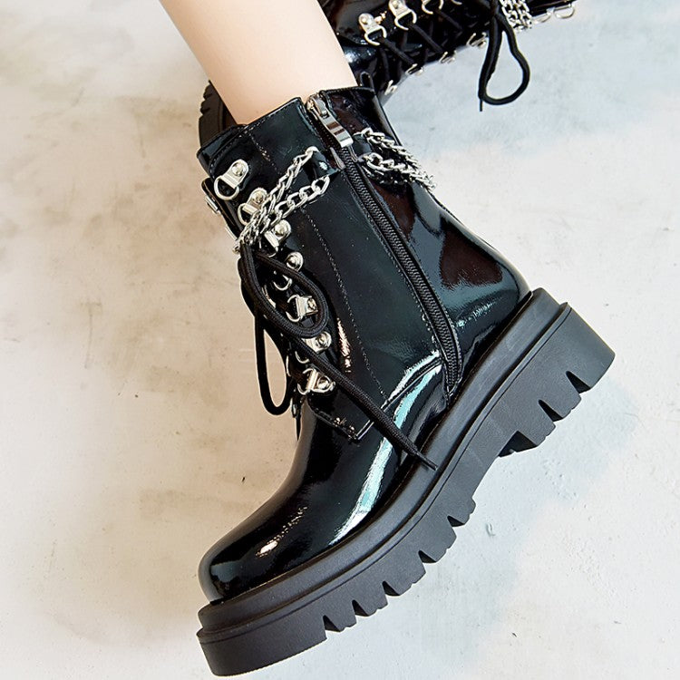 Glossy Lace Up Metal Chains Flat Platform Short Boots for Women