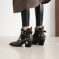 Crocodile Pattern Pointed Toe Buckles Belts Rivets Block Heel Short Boots for Women