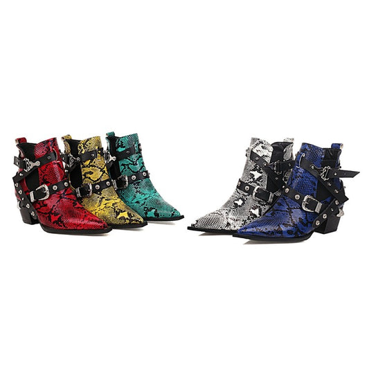 Serpentinite Pointed Toe Buckles Belts Puppy Heel Short Boots for Women