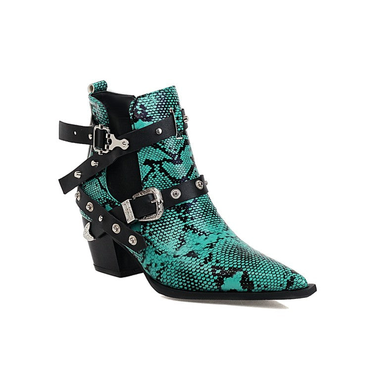 Serpentinite Pointed Toe Buckles Belts Puppy Heel Short Boots for Women