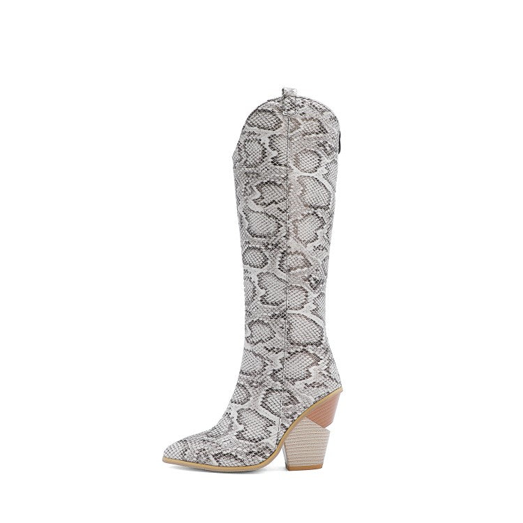 Ladies Crocodile Pattern Pointed Toe Back Zippers Block Heel Knee High Boots
