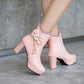 Ladies Pu Leather Sunflower Pearls Bowtie Lace Chunky Heel Platform Ankle Boots