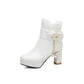 Ladies Pu Leather Sunflower Pearls Bowtie Lace Chunky Heel Platform Ankle Boots