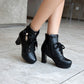Ladies Pu Leather Bowtie Rhinestone Chunky Heel Platform Ankle Boots