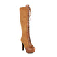 Ladies Pu Leather Round Toe Lace Up Chunky Heel Platform Over the Knee Boots