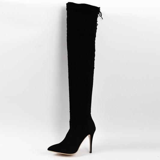 Pointed Toe Stiletto Heel Side Zippers Back Tied Over the Knee Boots for Women
