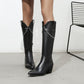 Crocodile Pattern Pointed Toe Side Zippers Metal Chains Block Chunky Heel Mid-Calf Boots for Women