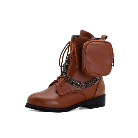 Pu Leather Round Toe Metal Chains Lace Up Zippers Pocket Block Chunky Heel Ankle Boots for Women