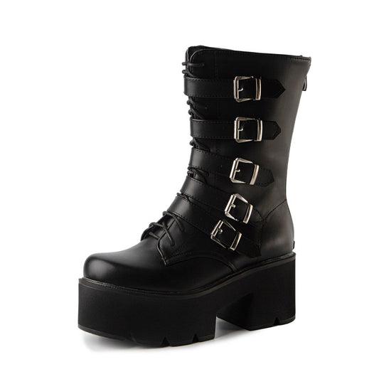 Round Toe Buckle Straps Block Chunky Heel Platform Mid-calf Boots for Women
