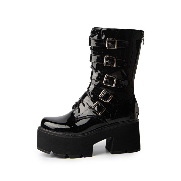 Round Toe Buckle Straps Block Chunky Heel Platform Mid-calf Boots for Women
