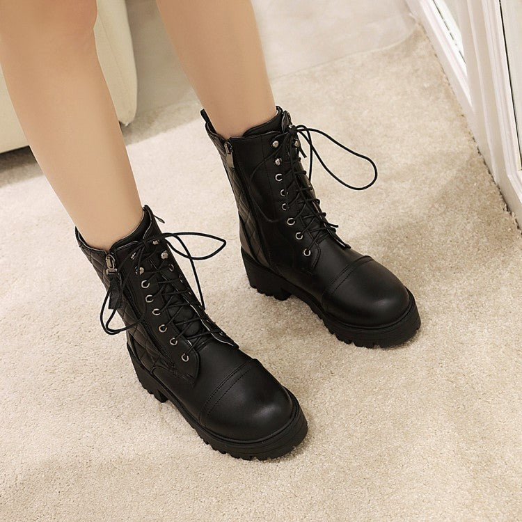 Round Toe Lace-Up Side Zippers Block Chunky Heel Platform Short Boots for Women