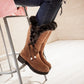 Flock Round Toe Lace-Up Block Chunky Heel Mid-Calf Boots for Women