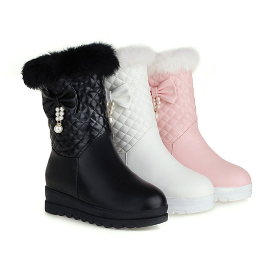 Pu Leather Round Toe Bow Tie Pearls Furry Platform Wedge Heel Mid-Calf Snow Boots for Women