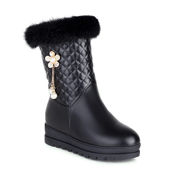 Side Zippers Rhinestone Sunflower Platform Wedge Heel Mid-Calf Snow Boots for Women