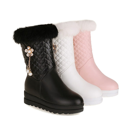 Side Zippers Rhinestone Sunflower Platform Wedge Heel Mid-Calf Snow Boots for Women