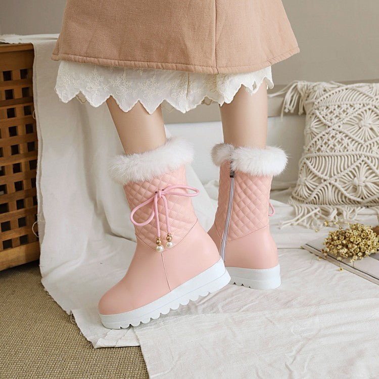 Tied Straps Pearls Furry Side Zippers Platform Wedge Mid-Calf Snow Boots for Women