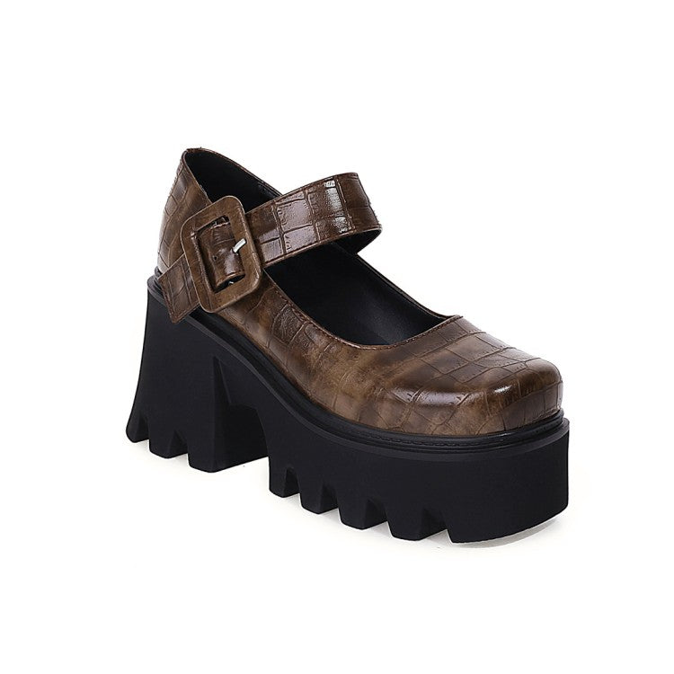 Ladies Crocodile Pattern Pu Leather Belts Buckles Chunky Heel Platform Mary Jane Shoes