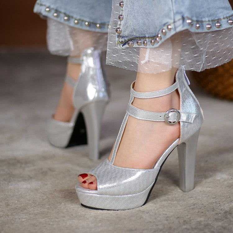 Ladies Glossy T Strap Peep Toe High Heel Platform Sandals