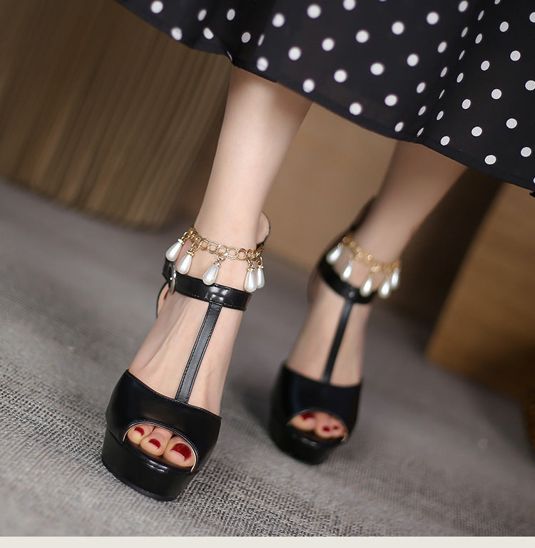 Ladies Peep Toe High Heel Rhinestone Chains Roman Style Platform Sandals
