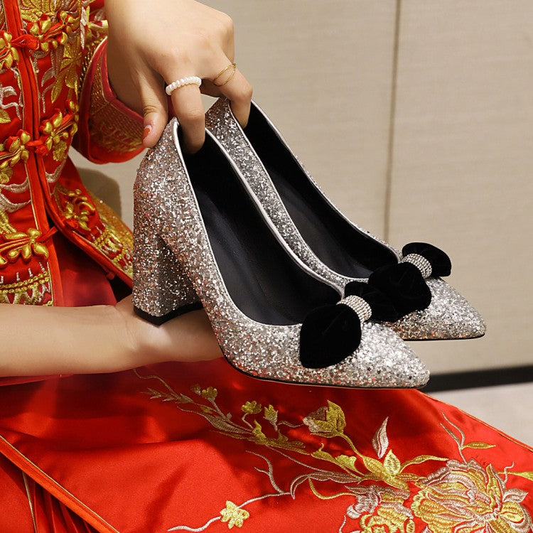 Ladies Pumps Bling Bling Sequins Pointed Toe Butterfly Knot Chunky Heel Wedding Shoes