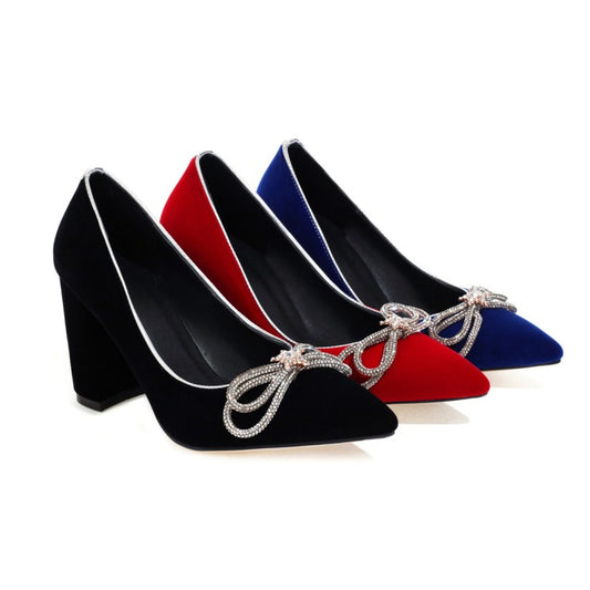 Ladies Pumps Suede Pointed Toe Rhinestone Butterfly Knot Chunky Heel Wedding Shoes