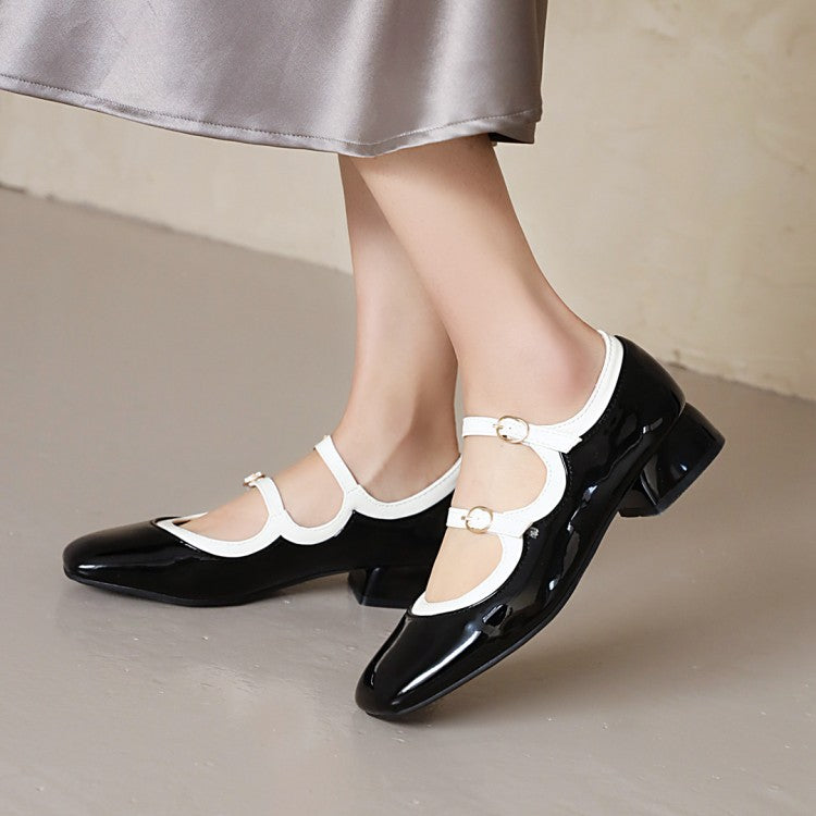 Ladies Jelly Glossy Buckles Belts Puppy Heel Chunky Heels Pumps Shoes