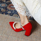 Ladies Pumps Pointed Toe Pearls Beading Ankle Strap Chunky Heel Wedding Shoes