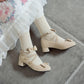 Ladies Flock Lolita Bowties Knot Mary Janes Ankle Strap Block Heel Pumps
