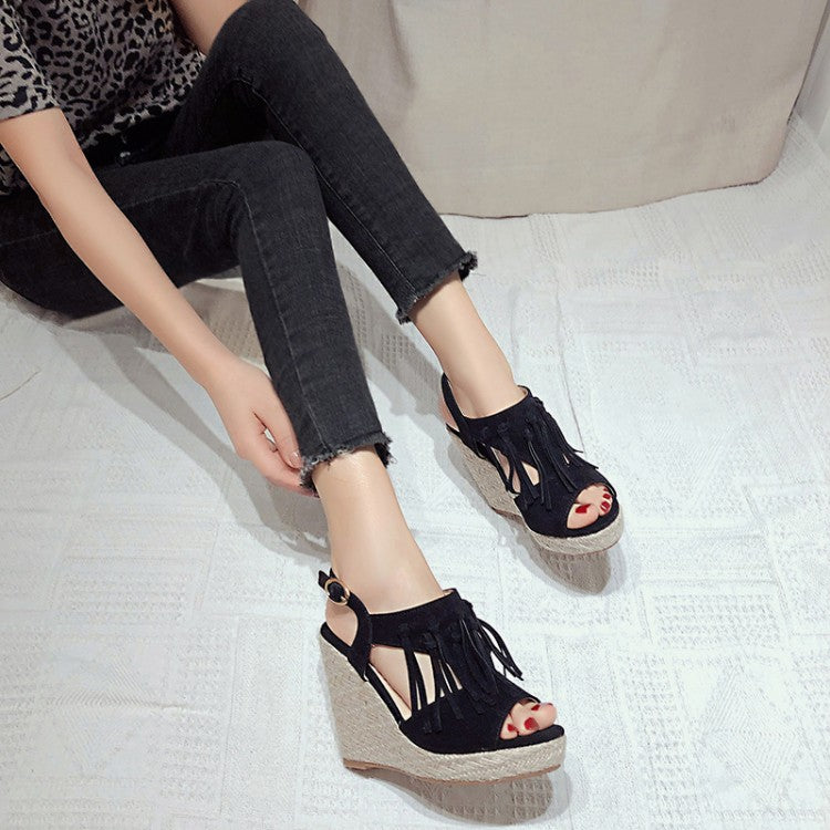 Ladies Solid Color Suede Peep Toe Tassel Woven Wedge Heel Platform Sandals