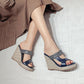 Ladies Rhinestone Woven Wedge Heel Platform Sandals