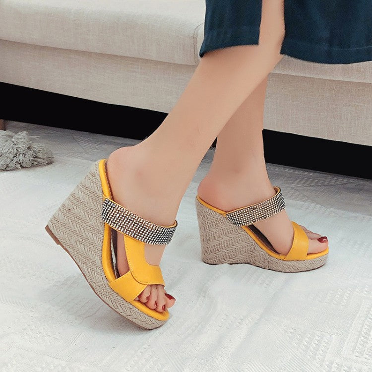 Ladies Rhinestone Woven Wedge Heel Platform Sandals