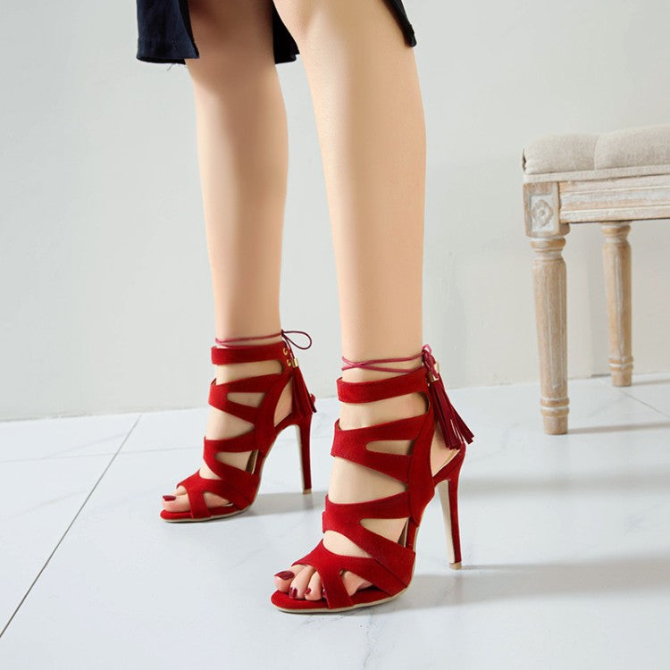 Ladies Suede Hollow Out Stiletto High Heel Sandals