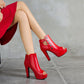 Ladies Solid Color Peep Toe Rivets Ankle Wrap Chunky Heel Platform Sandals