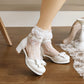 Ladies Lolita Round Toe Butterfly Knot Lace Hollow Out Low Block Heels Sandals