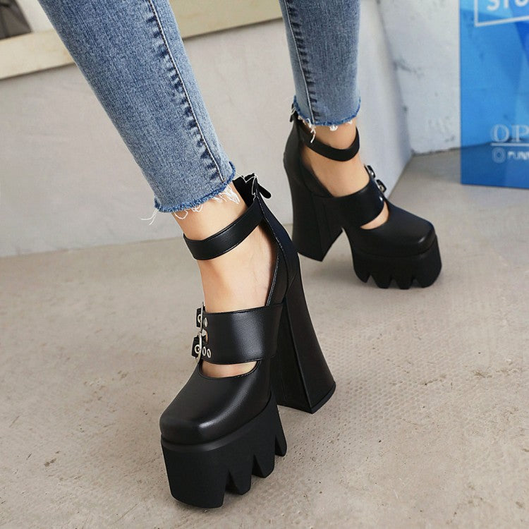 Ladies Pu Leather Square Toe Belts Buckles Chunky Heel Platform High Heels Shoes
