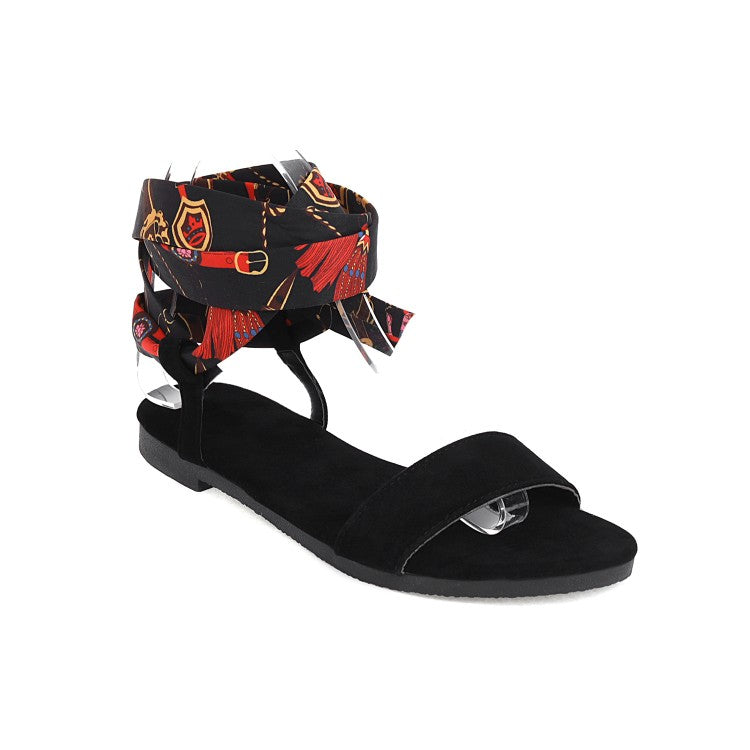 Ladies Round Toe Colorful Silk Ankle Strap Flat Sandals
