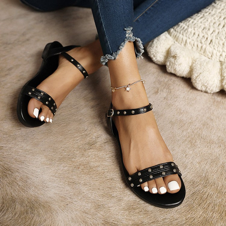Ladies Solid Color Rivets Ankle Strap Flat Sandals
