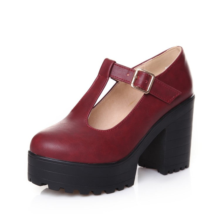Ladies T Strap Thick Sole Block Heel Platform Pumps High Heels Shoes