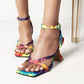 Ladies Colorful Square Toe Ankle Strap Spool Heel Sandals