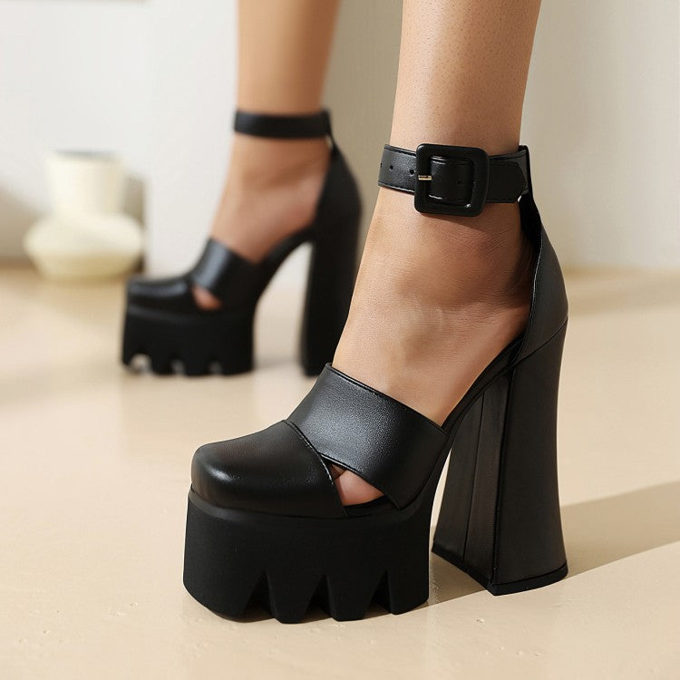 Ladies Round Toe Hollow Out Thick Sole Block Heel Platform Sandals