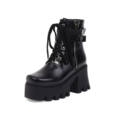 Ladies Pu Leather Square Toe Tied Belts Buckles Side Zippers Chunky Heel Platform Short Boots
