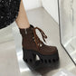 Ladies Pu Leather Square Toe Tied Belts Buckles Side Zippers Chunky Heel Platform Short Boots